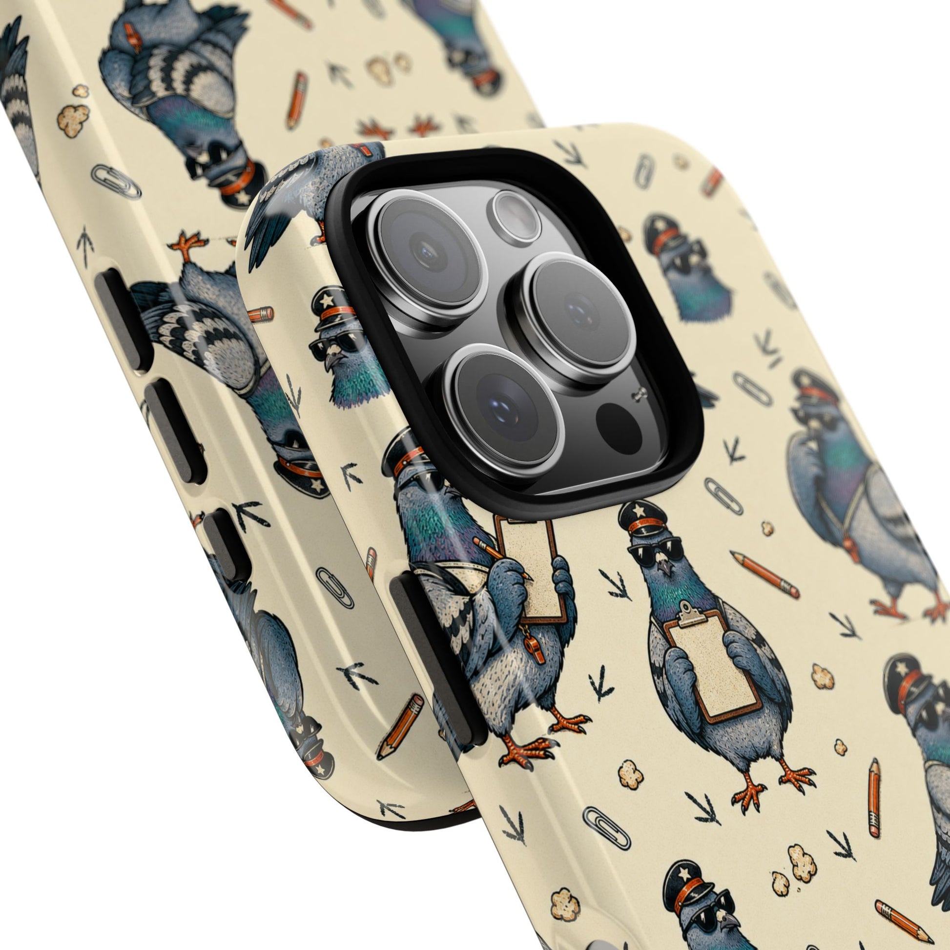 Petty Pigeon Pattern Tough Phone Case, camera and side-button print detail