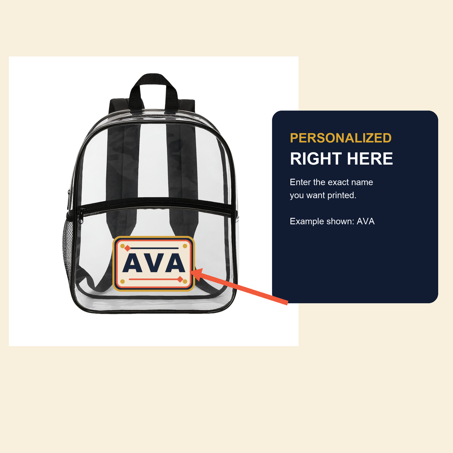 Personalized Clear Backpack, Custom Name Stadium Bag, Concert Travel and School Bag, Age 12 Plus
